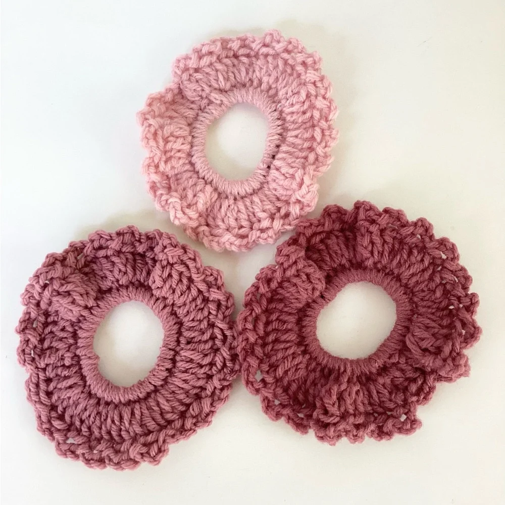 Hair Scrunchy Set Hand Crafted Pink CrochetBoho Messy Bun Ruffle